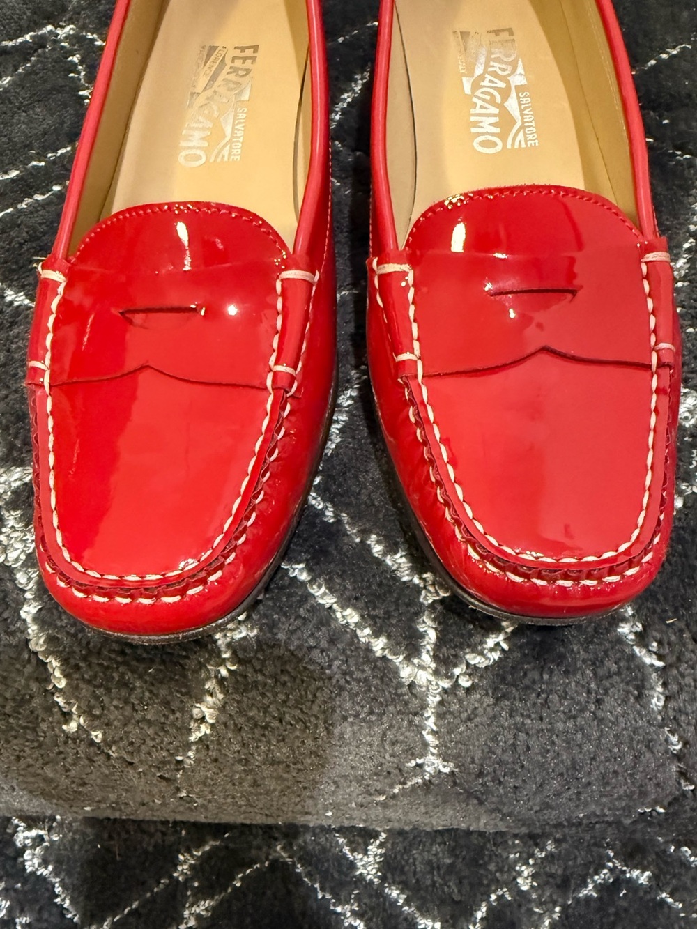 Salvatore Ferragamo Red Patent Leather Moccasin Block Heel Loafers - Picture 7 of 11